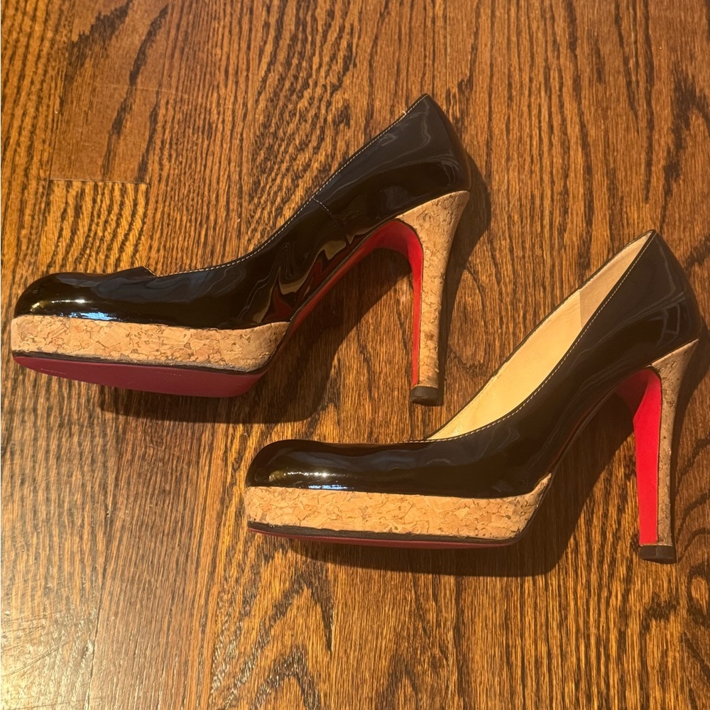 Super fun black patent cork sole platform Christian Louboutin pumps - size 40
